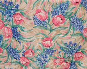1980's Vintage Huge Floral Pink Tulip On White Bright Pastels Summer Light Summer Cotton Fabric  Tropical spring  3 yards long by 55" wide
