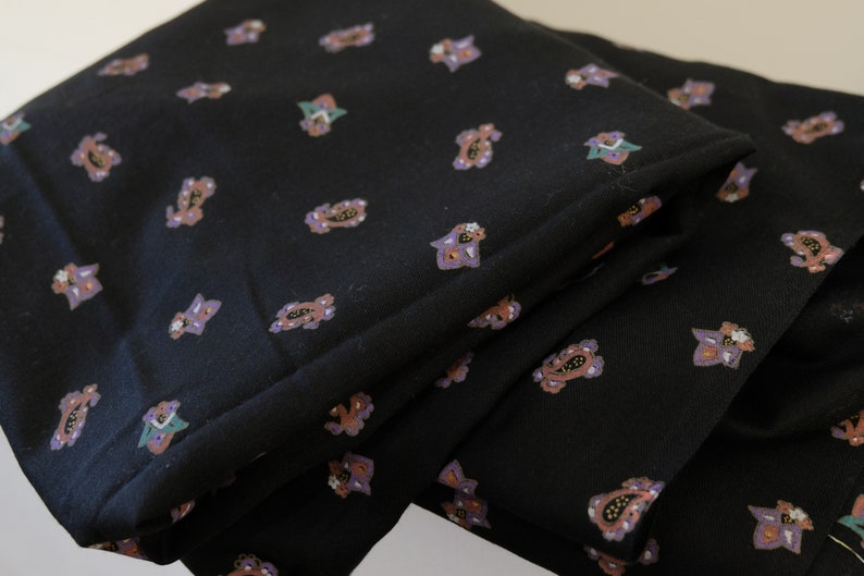 1980/'s vintage black with small pink purple teal paisley /& floral print supple challis rayon dress weight fabric 2 yards long by 45 wide