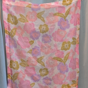 1970's Vintage Sheer Pink Purple Olive White Huge Groovy Flower Print Nylon Tricot Large Print Fabric Curtain Panel 36" long by 29.5" wide