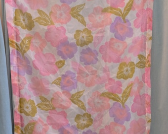 May include: A sheer pink and purple floral curtain panel with a white background. The curtain has a delicate floral pattern with pink, purple, and green flowers.