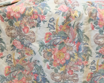 1940's Vintage Bark Cloth Burlap Weight Curtain Cotton Fabric Beige Brown, Green, Red, Yellow & Tan. 46" long by 34” wide at top 56" at base