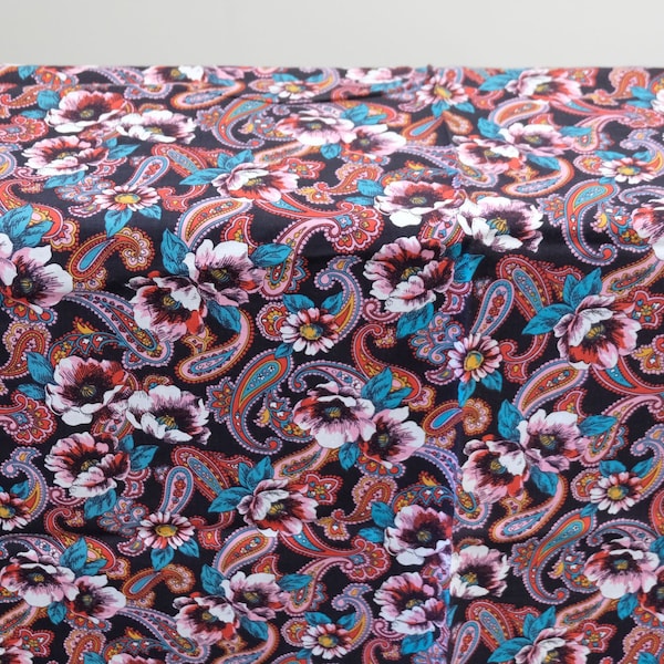 1980's Vintage Paisley Floral On Black Bright Pinks & Teals Summer Light Summer Cotton Fabric 3 yards long by 42" wide modern feel yet 80's