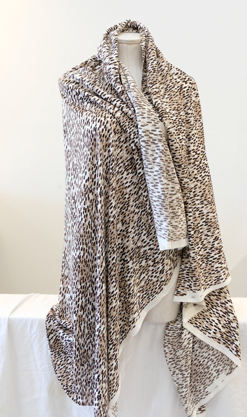 1970/'s Vintage Elliptical Layered Polka Dot Brown and Beige on a White Background Animal Print Knit Polyester Fabric 1 yard 13 by 64 wide