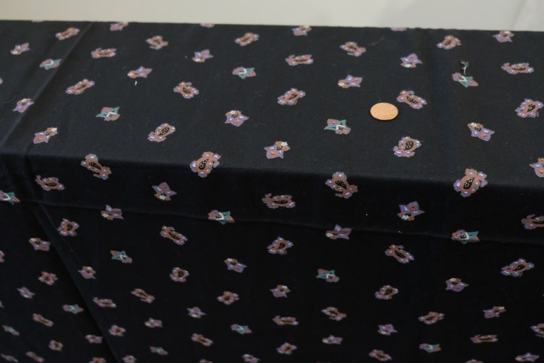 1980/'s vintage black with small pink purple teal paisley /& floral print supple challis rayon dress weight fabric 2 yards long by 45 wide
