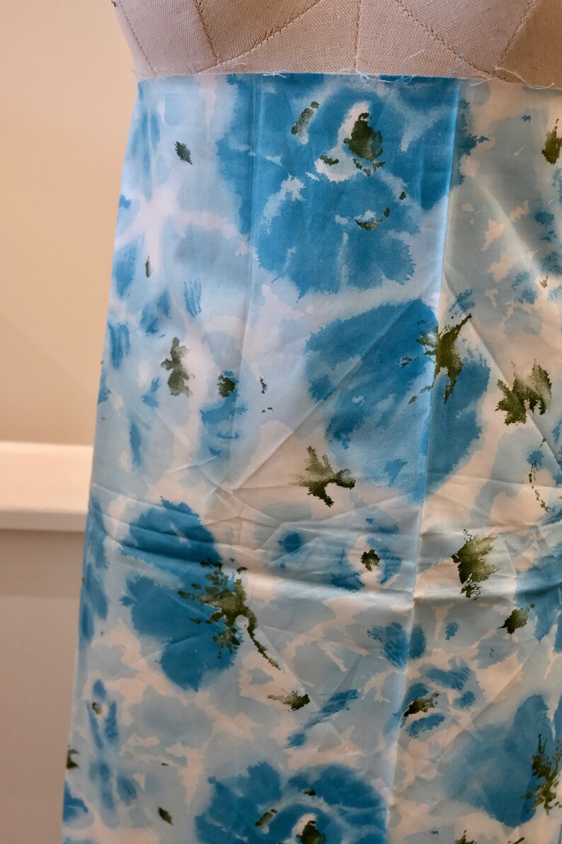 1950/'s Vintage Big Turquoise Roses with Light Blue and Olive on White Summer Cotton Fabric 1 yard 23 long by 36 wide Little Girls Dress ?