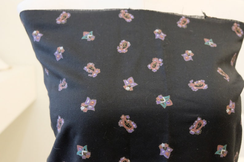 1980/'s vintage black with small pink purple teal paisley /& floral print supple challis rayon dress weight fabric 2 yards long by 45 wide