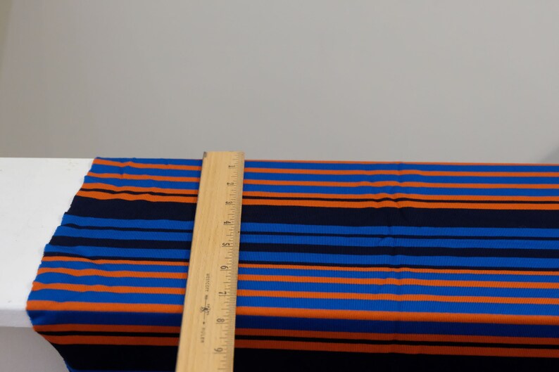 1970's vintage electric blue, orange navy stripes polyester tight micro ribbed knit fabric horizontal stripes 2 yards long by 36 wide image 6