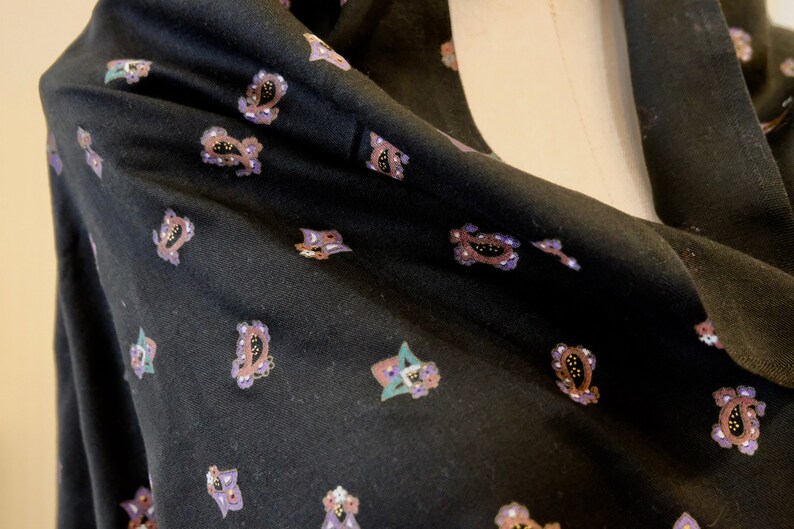 1980/'s vintage black with small pink purple teal paisley /& floral print supple challis rayon dress weight fabric 2 yards long by 45 wide