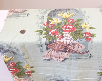 1940's Vintage Light Green Bark Cloth Large Red Basket Bouquet Flower Print Sturdy Weight Cotton Fabric Lute with Basket of Flower Novelty