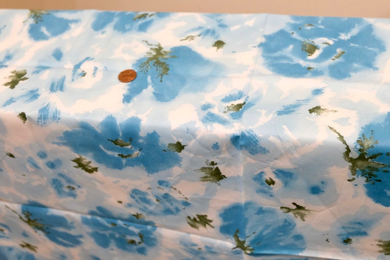 1950/'s Vintage Big Turquoise Roses with Light Blue and Olive on White Summer Cotton Fabric 1 yard 23 long by 36 wide Little Girls Dress ?