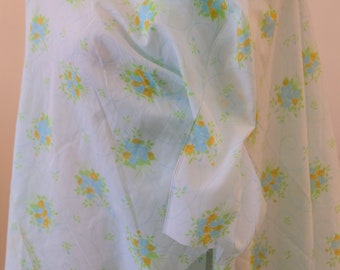 1970's Vintage Huge Light Blue with Bouquet Floral Print  on Sky Blue with Green Blue Orange Cotton Blend Fabric  66" long by 46" wide