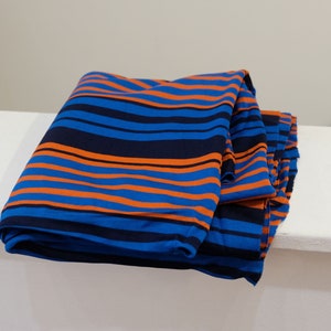 1970's vintage electric blue, orange navy stripes polyester tight micro ribbed knit fabric horizontal stripes 2 yards long by 36 wide image 9