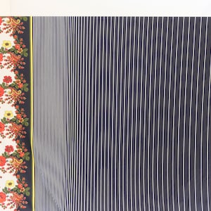 1970&#39;s vintage amazing striped border print slinky Polyester Knit Fabric Black White Stripes Floral Border 5 yards long by 62&quot; wide