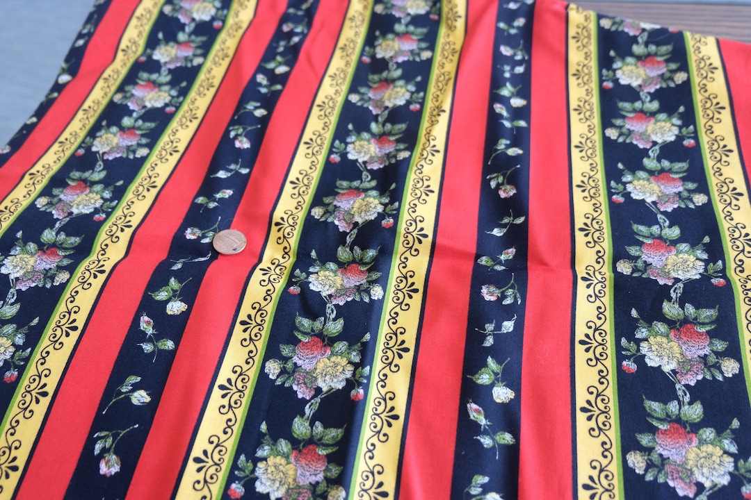 1970's Vintage Striped Red Black Yellow Floral Cotton Fabric Bright Red ...