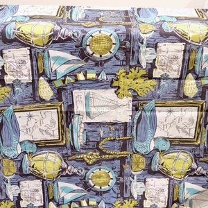 1950's Vintage Interior of Ship's Cabin Novelty Print Cotton Fabric Various Maritime Nautical Horizontal Pattern  3 yards 32"  by 36" wide