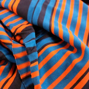 1970's vintage electric blue, orange navy stripes polyester tight micro ribbed knit fabric horizontal stripes 2 yards long by 36 wide image 10
