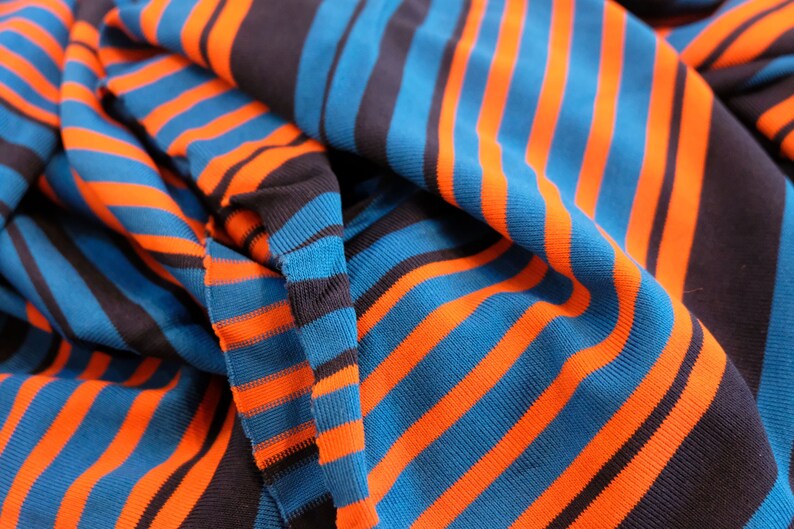 1970's vintage electric blue, orange navy stripes polyester tight micro ribbed knit fabric horizontal stripes 2 yards long by 36 wide image 10