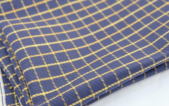1950's Vintage Blue with yellow Grid Plaid Print Light Bark cloth Cotton Fabric 1 yard long by 46" wide mid weight cotton Sturdy & stiff