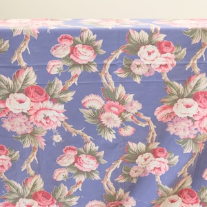 1940&#39;s Vintage Blue Botanical Large Cabbage Rose Print Thin Weight Single Curtain Panel Mid Cotton Fabric Blue Base 82&quot; long by 48” wide