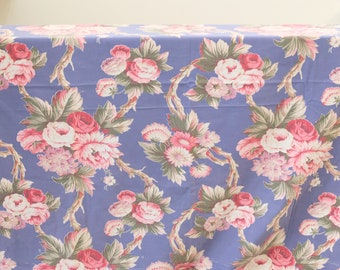 1940's Vintage Blue Botanical Large Cabbage Rose Print Thin Weight Single Curtain Panel Mid Cotton Fabric Blue Base 82" long by 48” wide