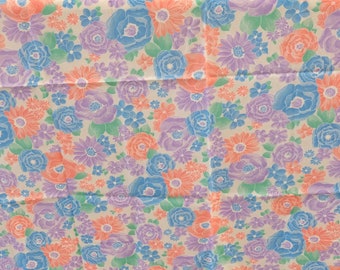 1980's Vintage Huge Floral On White Bright Pastels Summer Light Summer blended Cotton Fabric 1 yard long by 35" wide blouse style material
