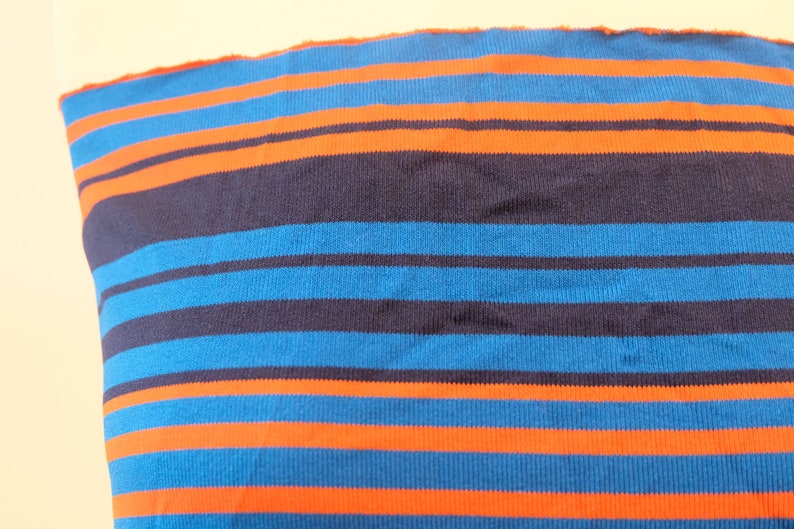 1970's vintage electric blue, orange navy stripes polyester tight micro ribbed knit fabric horizontal stripes 2 yards long by 36 wide image 3