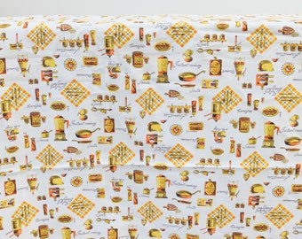 May include: White fabric with a repeating pattern of kitchen utensils and ingredients. The pattern includes images of a blender, a frying pan, a toaster, a jar of spices, a jar of sauce, and a box of instant cooking. The text "Instant cooking" is repeated throughout the pattern.