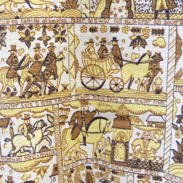 1950's Vintage Yellow Brown and White Bark Cloth Novelty Print Cotton Fabric Carriages and Horses  23" in length by 18" wide remnant