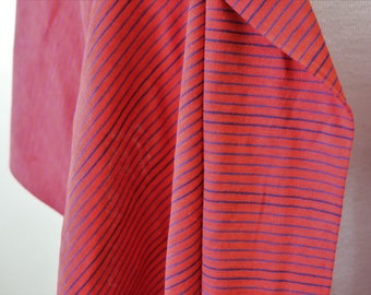 1970's vintage red with thin blue umbra style stripes print light thin t-shirt knit  polyester fabric   horizontal stripes 2 yards 20" long