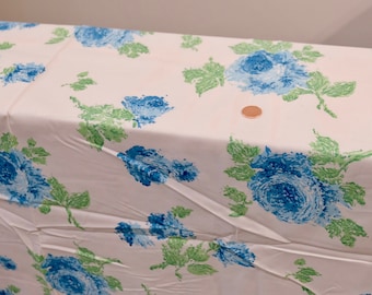 1950's vintage white cotton with large print of  turquoise roses w/ green stems large print dress cotton fabric 3 yards long by 36" wide