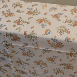 1 970&#39;s Vintage Blue and Orange Floral on White Cotton Blend Fabric _ Light Weight Semi Sheer  52&quot; long by 44&quot; wide Great For Sexy 70&#39;s Top