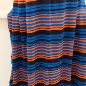 1970's vintage electric blue, orange navy stripes polyester tight micro ribbed knit fabric horizontal stripes 2 yards long by 36 wide image 1