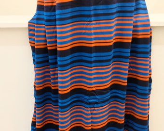 1970's vintage  electric blue, orange navy stripes polyester tight micro ribbed knit fabric  horizontal stripes 2 yards long by 36" wide