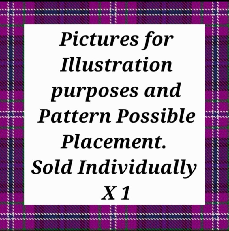 Puede incluir: Un fondo de cuadros morado, verde y blanco con un cuadrado blanco en el centro. El texto dentro del cuadrado dice "Pictures for Illustration purposes and Pattern Possible Placement. Sold Individually X 1".