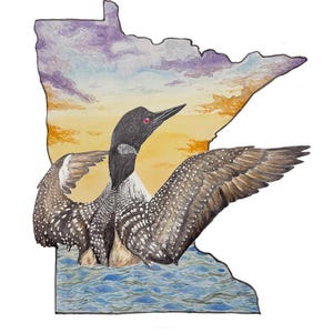 May include: Watercolor painting of a loon with outstretched wings, set against a sunset sky within the outline of the state of Minnesota. The bird is depicted in shades of black, white, and brown, with a red eye. The water is blue.