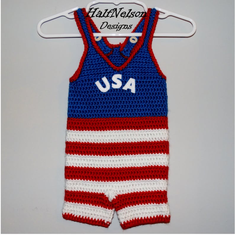 Patriotic Infant Wrestling Singlet Baby Wrestler Fourth of July Red White Blue Crochet Baby Singlet Baby Costume Newborn Photo