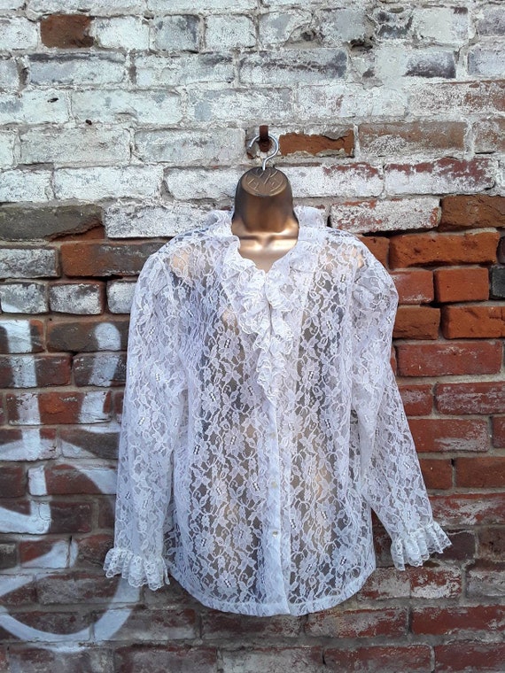 80s Victorian Goth Sheer White Lace Blouse Ruffle
