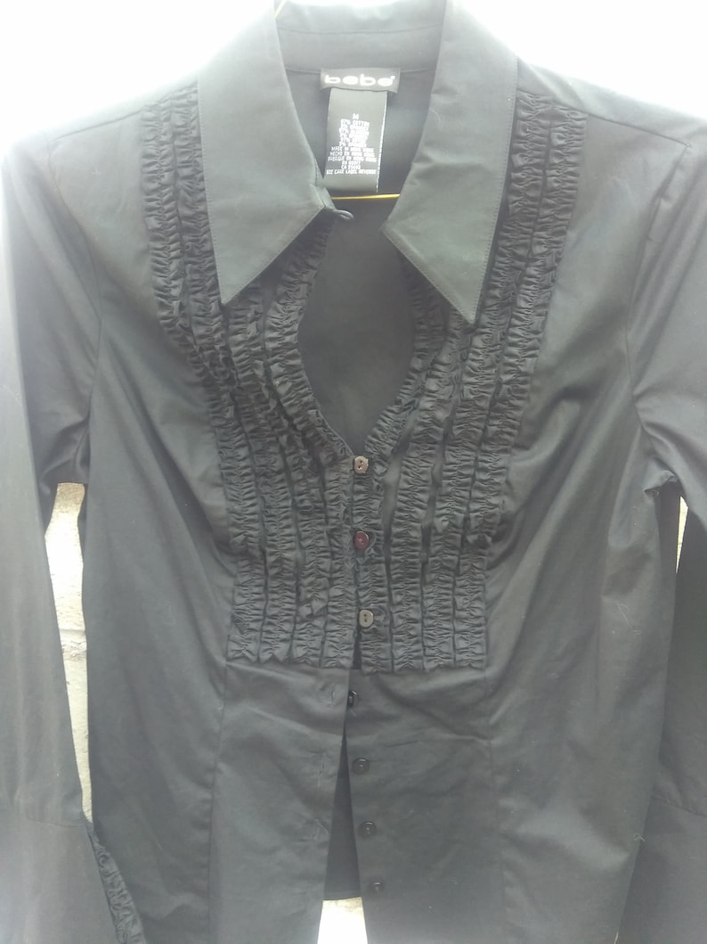 90s Goth Tuxedo Ruffle Blouse Black Top Size Medium