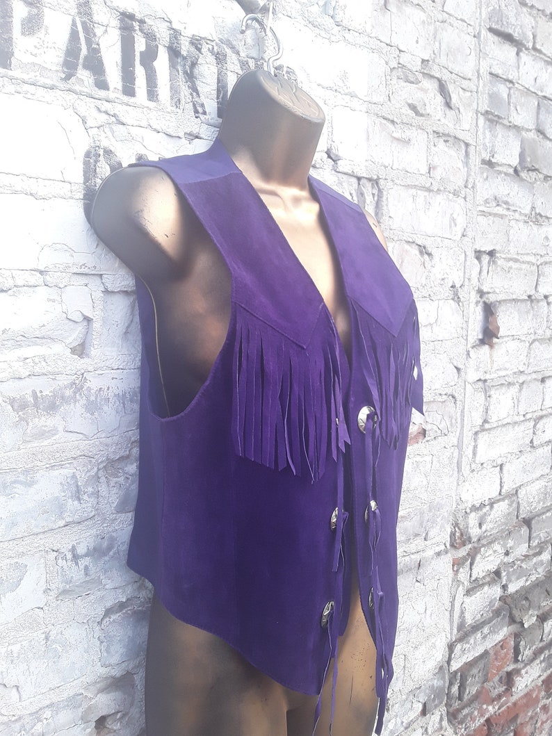 M 70s Western Fringe Suede Leather Vest Jacket Unisex Size S