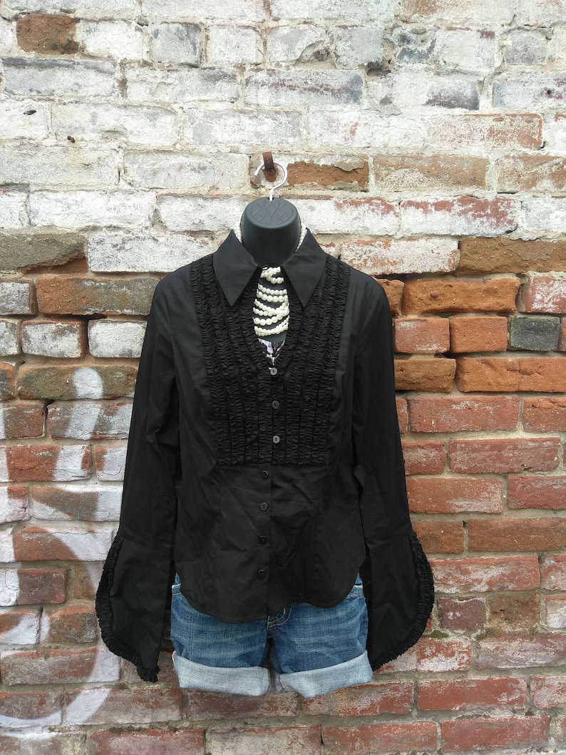 90s Goth Tuxedo Ruffle Blouse Black Top Size Medium