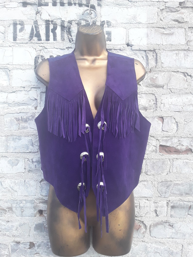 M 70s Western Fringe Suede Leather Vest Jacket Unisex Size S