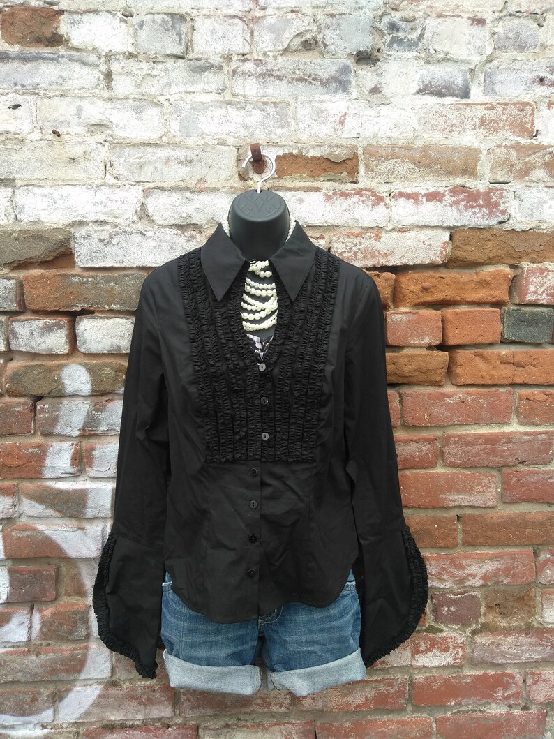 90s Goth Tuxedo Ruffle Blouse Black Top Size Medium