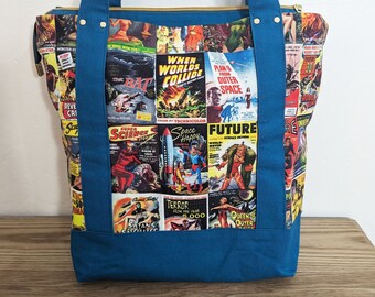 Vintage Pulp Sci-Fi Covers **100% Cotton Large-Capacity Tote Bag with Zipper Closure (includes matching mini-pouch)**