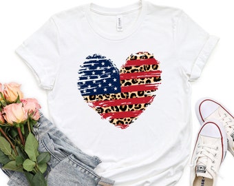 American Flag Shirt, Leopard Print Flag, American Flag Heart Shirt, Patriotic Shirt, USA Flag Shirt, 4th Of July Shirt, Freedom Shirt