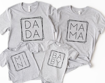 Chemises assorties familiales, tenues assorties à la famille, chemises pour bébés Dada Mama Mini, chemises familiales cool, chemises de jour des pères, chemises de jour des mères