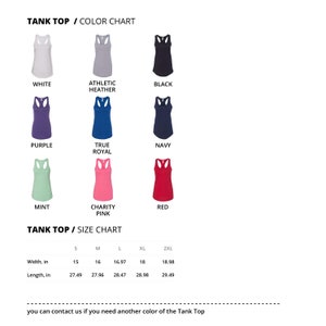 May include: A color chart for tank tops, showcasing various colors like white, black, purple, and red. The size chart displays measurements in inches for width and length, ranging from small to 2XL.