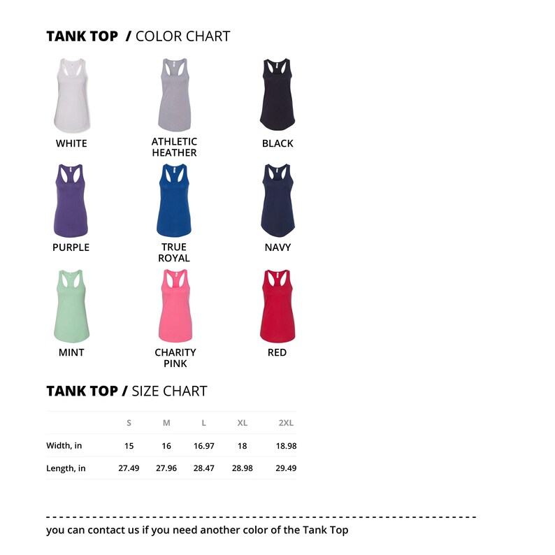 May include: A color chart for tank tops, showcasing various colors like white, black, purple, and red. The size chart displays measurements in inches for width and length, ranging from small to 2XL.