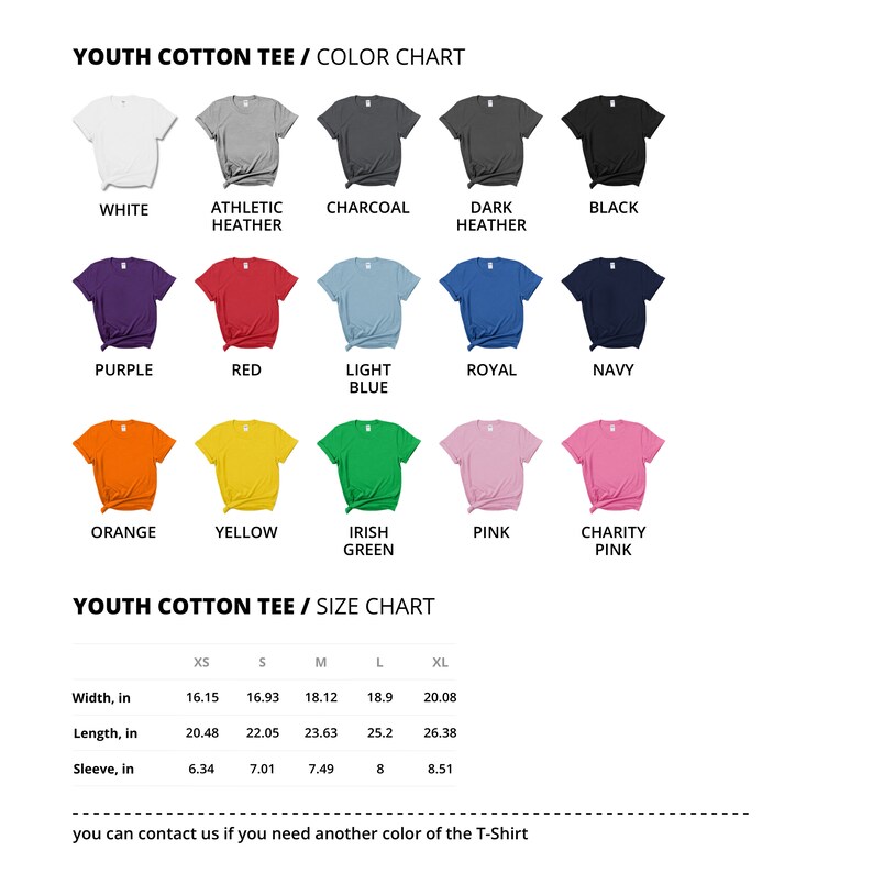 May include: Color chart for youth cotton tees in various colors, including white, athletic heather, charcoal, dark heather, black, purple, red, light blue, royal, navy, orange, yellow, Irish green, pink, and charity pink. A size chart is also included with measurements in inches for width, length, and sleeve length for sizes XS, S, M, L, and XL.