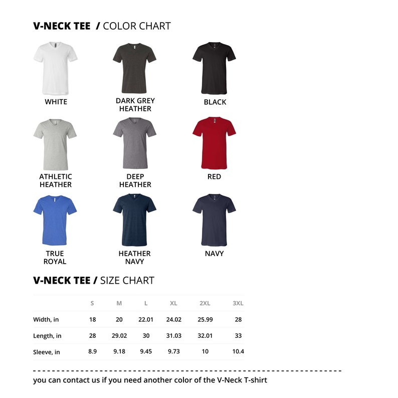 May include: A color chart and size chart for V-neck t-shirts. The color chart displays t-shirts in white, dark grey heather, black, athletic heather, deep heather, red, true royal, heather navy, and navy. The size chart shows measurements in inches.
