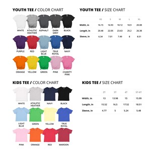 May include: Colour chart for youth and kids t-shirts. The chart shows different colours and sizes for youth and kids t-shirts. The youth t-shirt sizes are XS, S, M, L, and XL. The kids t-shirt sizes are 2T, 3T, 4T, and 5T-6T. The chart includes measurements for width, length, and sleeve length in inches.